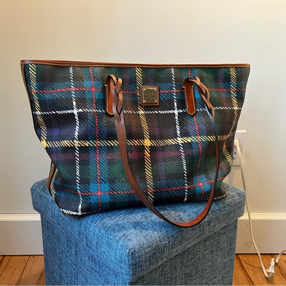 Classic Dooney and Bourke Plaid Tote Bag with Leather Trim